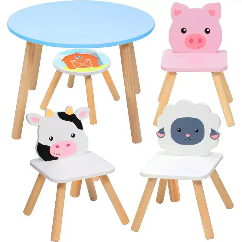 Svan Kids Wooden Animal Table & Chair Set w 3 Seats (Cow Pig Sheep) for Arts Crafts, Pretend Play- Playroom Furniture for Toddlers to Big Children