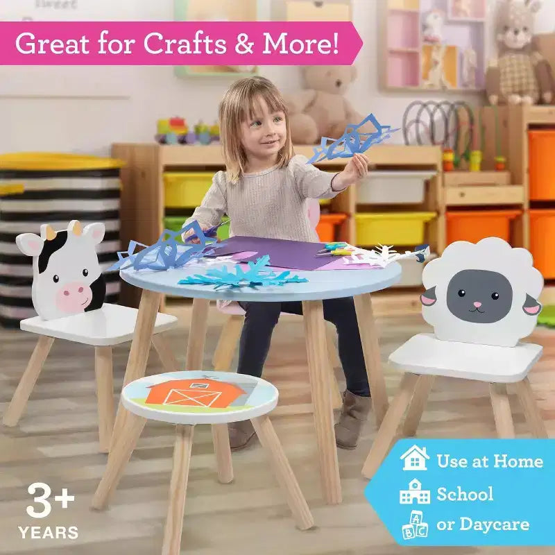 Svan Kinder-Holztiertisch- und Stuhlset mit 3 Sitzen (Kuh, Schwein, Schaf) für Kunsthandwerk, Rollenspiele – Spielzimmermöbel für Kleinkinder bis größere Kinder