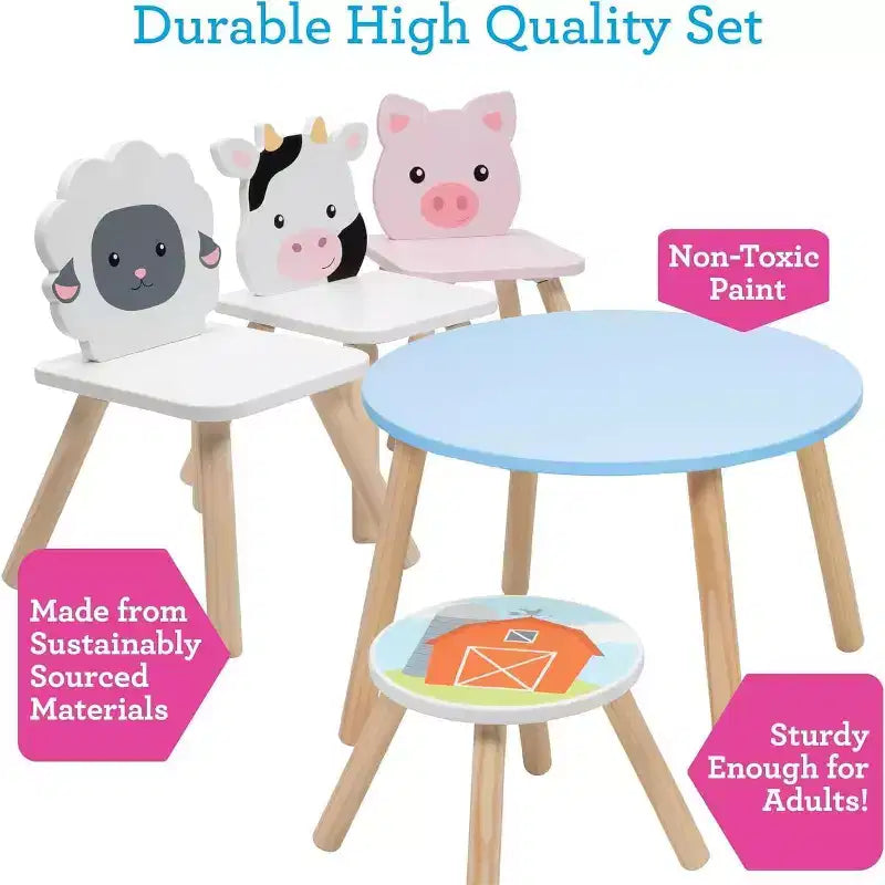 Svan Kinder-Holztiertisch- und Stuhlset mit 3 Sitzen (Kuh, Schwein, Schaf) für Kunsthandwerk, Rollenspiele – Spielzimmermöbel für Kleinkinder bis größere Kinder