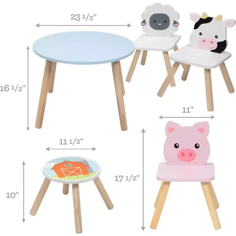 Svan Kinder-Holztiertisch- und Stuhlset mit 3 Sitzen (Kuh, Schwein, Schaf) für Kunsthandwerk, Rollenspiele – Spielzimmermöbel für Kleinkinder bis größere Kinder