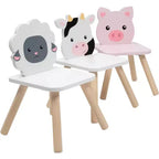 Svan Kinder-Holztiertisch- und Stuhlset mit 3 Sitzen (Kuh, Schwein, Schaf) für Kunsthandwerk, Rollenspiele – Spielzimmermöbel für Kleinkinder bis größere Kinder