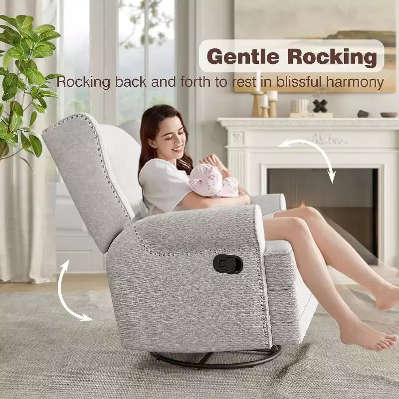 Heynemo Drehbarer Relaxsessel, bequemer Gleiter-Schaukelstuhl mit Kissen und Fußstütze, drehbarer Schaukelstuhl für Schlafzimmer, Kinderzimmer