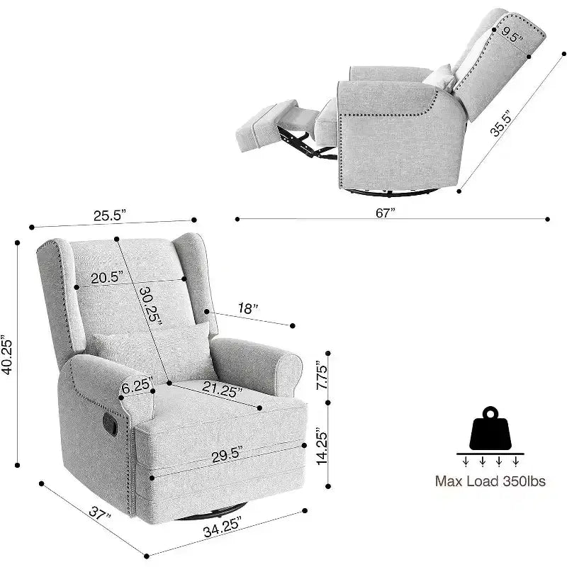 Heynemo Drehbarer Relaxsessel, bequemer Gleiter-Schaukelstuhl mit Kissen und Fußstütze, drehbarer Schaukelstuhl für Schlafzimmer, Kinderzimmer