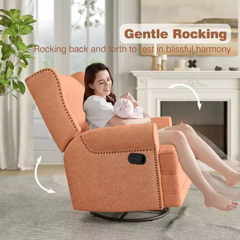 Heynemo Drehbarer Relaxsessel, bequemer Gleiter-Schaukelstuhl mit Kissen und Fußstütze, drehbarer Schaukelstuhl für Schlafzimmer, Kinderzimmer