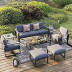 Heynemo Aluminum Patio Furniture Set with Fire Pit Table, 7 Pieces Modern Outdoor Conversation Set with Ottomans and Coffee Table
