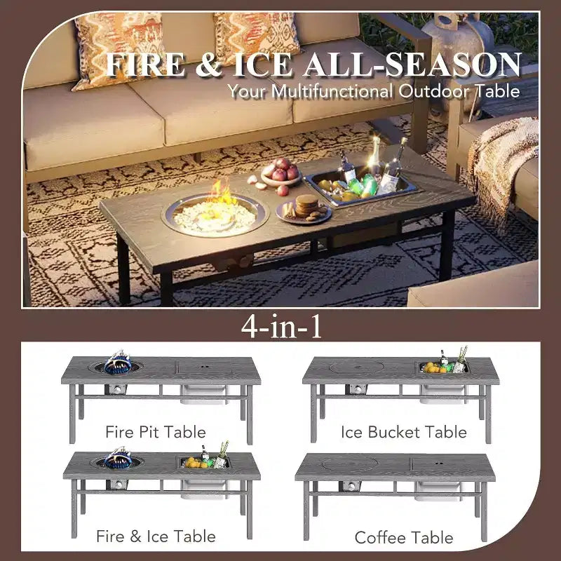 Heynemo Aluminium-Terrassenmöbel-Set mit Feuertisch, 7-teiliges modernes Outdoor-Loungeset mit Hockern und Couchtisch