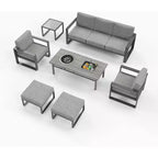 Heynemo Aluminium-Terrassenmöbel-Set mit Feuertisch, 7-teiliges modernes Outdoor-Loungeset mit Hockern und Couchtisch