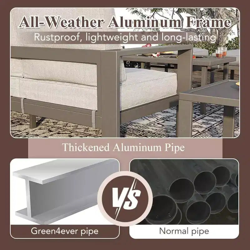 Heynemo Aluminium-Terrassenmöbel-Set mit Feuertisch, 7-teiliges modernes Outdoor-Loungeset mit Hockern und Couchtisch
