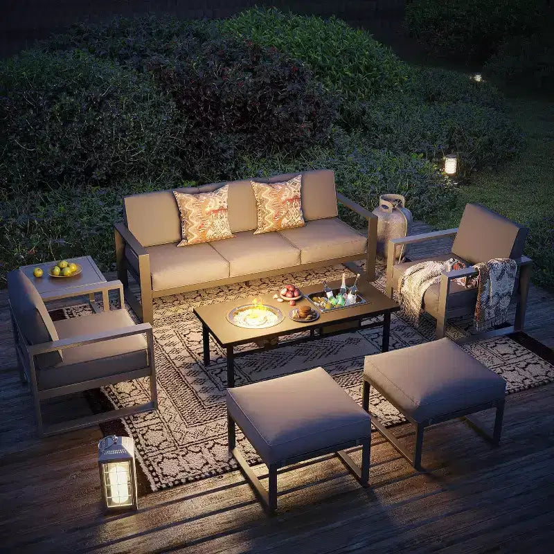 Heynemo Aluminium-Terrassenmöbel-Set mit Feuertisch, 7-teiliges modernes Outdoor-Loungeset mit Hockern und Couchtisch