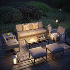 Heynemo Aluminium-Terrassenmöbel-Set mit Feuertisch, 7-teiliges modernes Outdoor-Loungeset mit Hockern und Couchtisch