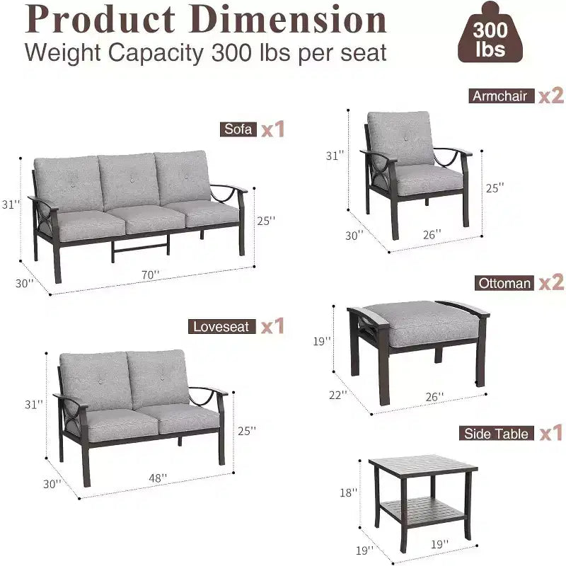 Heynemo Outdoor-Gartenmöbel-Set, 7-teiliges Terrassen-Sitzgruppe mit Beistelltisch und Ottomanen, Metall-Möbel-Set für Veranda, Garten, Hof