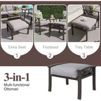 Heynemo Outdoor-Gartenmöbel-Set, 7-teiliges Terrassen-Sitzgruppe mit Beistelltisch und Ottomanen, Metall-Möbel-Set für Veranda, Garten, Hof
