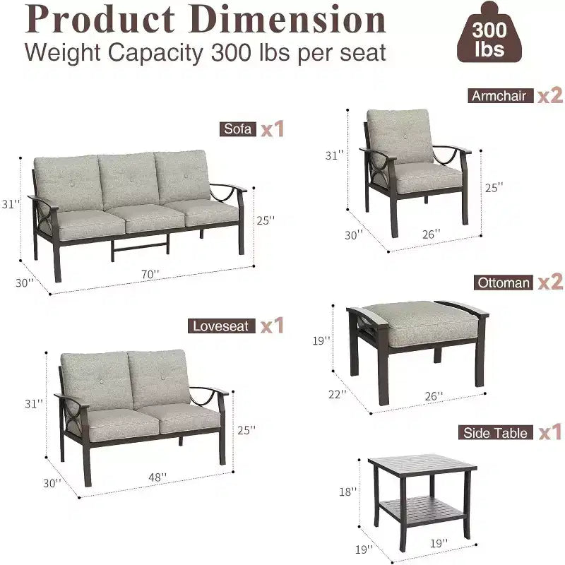 Heynemo Outdoor-Gartenmöbel-Set, 7-teiliges Terrassen-Sitzgruppe mit Beistelltisch und Ottomanen, Metall-Möbel-Set für Veranda, Garten, Hof