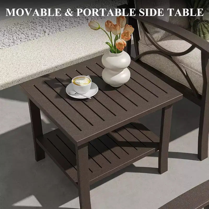 Heynemo Outdoor-Gartenmöbel-Set, 7-teiliges Terrassen-Sitzgruppe mit Beistelltisch und Ottomanen, Metall-Möbel-Set für Veranda, Garten, Hof