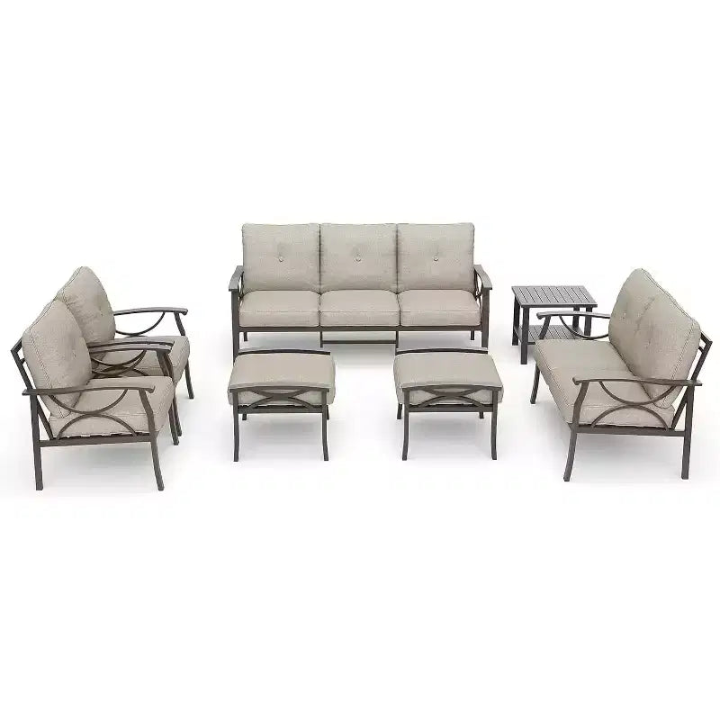 Heynemo Outdoor-Gartenmöbel-Set, 7-teiliges Terrassen-Sitzgruppe mit Beistelltisch und Ottomanen, Metall-Möbel-Set für Veranda, Garten, Hof