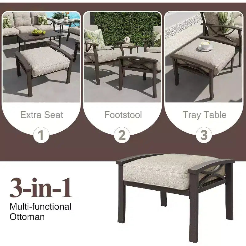 Heynemo Outdoor-Gartenmöbel-Set, 7-teiliges Terrassen-Sitzgruppe mit Beistelltisch und Ottomanen, Metall-Möbel-Set für Veranda, Garten, Hof