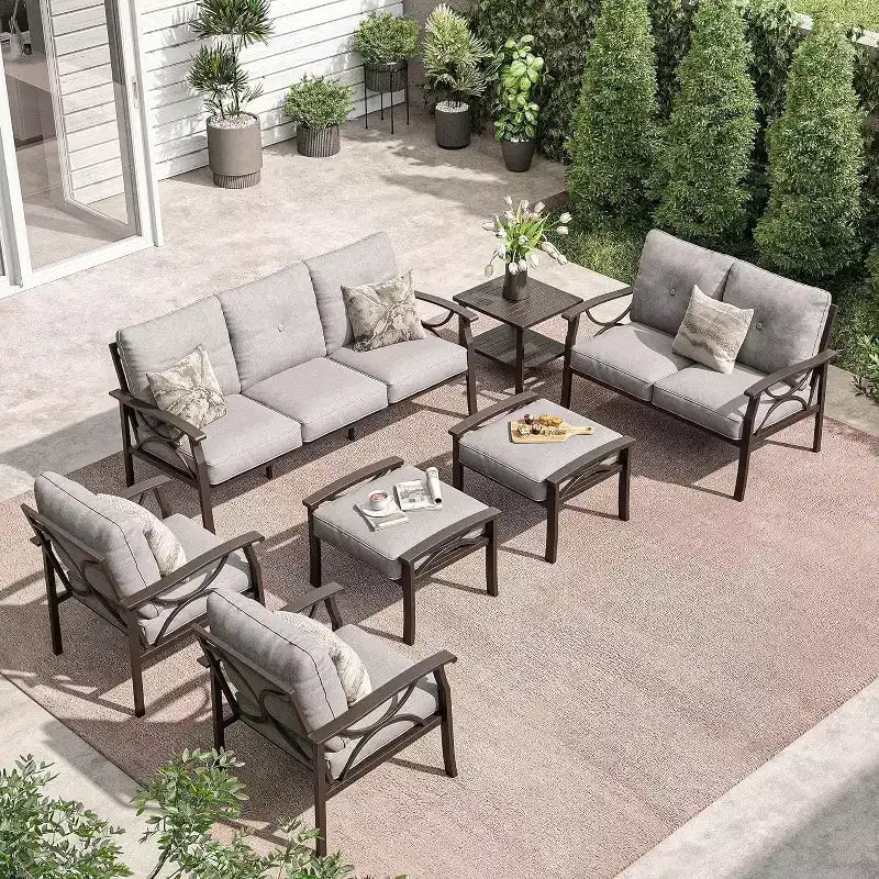 Heynemo Outdoor-Gartenmöbel-Set, 7-teiliges Terrassen-Sitzgruppe mit Beistelltisch und Ottomanen, Metall-Möbel-Set für Veranda, Garten, Hof