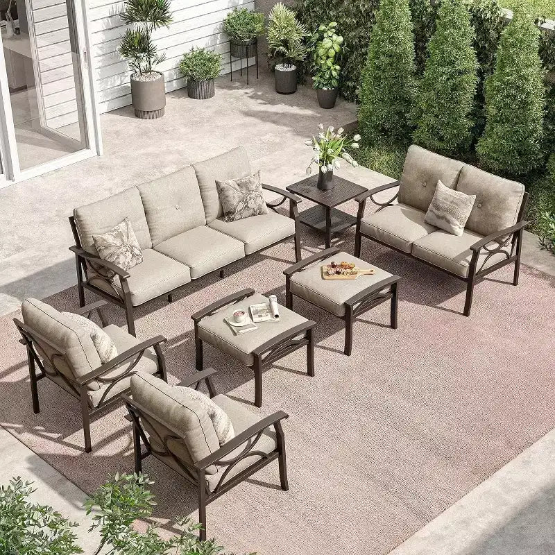 Heynemo Outdoor Patio Furniture Set, 7 Piece Patio Seating Set with Side Table and Ottomans, Metal Furniture Set for Porch Backyard Garden