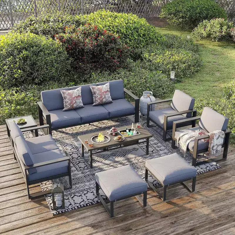 Heynemo Aluminum Patio Furniture Set with Fire Pit Table, 8 Pieces Outdoor Seating Set Sectional Couch Sofa with Ottomans and Coffee Table
