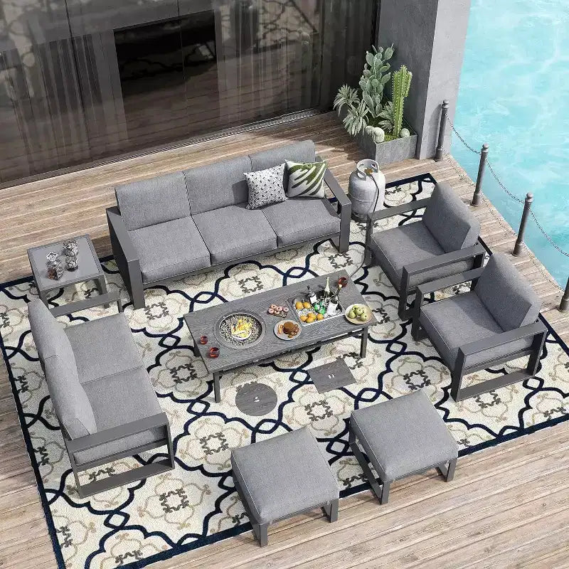 Heynemo Aluminium Terrassenmöbel-Set mit Feuerstellen-Tisch, 8-teiliges Outdoor-Sitzgruppen-Set, Ecksofa mit Ottomanen und Couchtisch