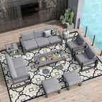 Heynemo Aluminium Terrassenmöbel-Set mit Feuerstellen-Tisch, 8-teiliges Outdoor-Sitzgruppen-Set, Ecksofa mit Ottomanen und Couchtisch
