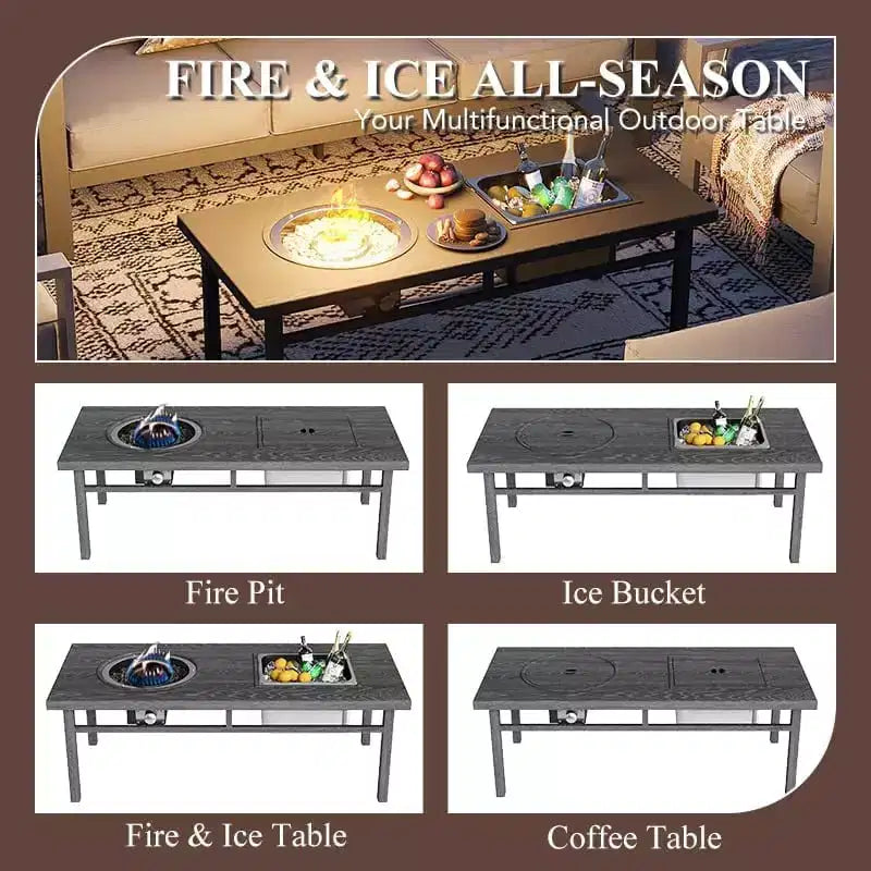 Heynemo Aluminium Terrassenmöbel-Set mit Feuerstellen-Tisch, 8-teiliges Outdoor-Sitzgruppen-Set, Ecksofa mit Ottomanen und Couchtisch