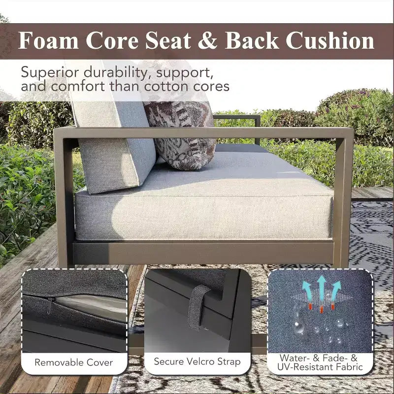 Heynemo Aluminium Terrassenmöbel-Set mit Feuerstellen-Tisch, 8-teiliges Outdoor-Sitzgruppen-Set, Ecksofa mit Ottomanen und Couchtisch