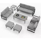 Heynemo Aluminium Terrassenmöbel-Set mit Feuerstellen-Tisch, 8-teiliges Outdoor-Sitzgruppen-Set, Ecksofa mit Ottomanen und Couchtisch