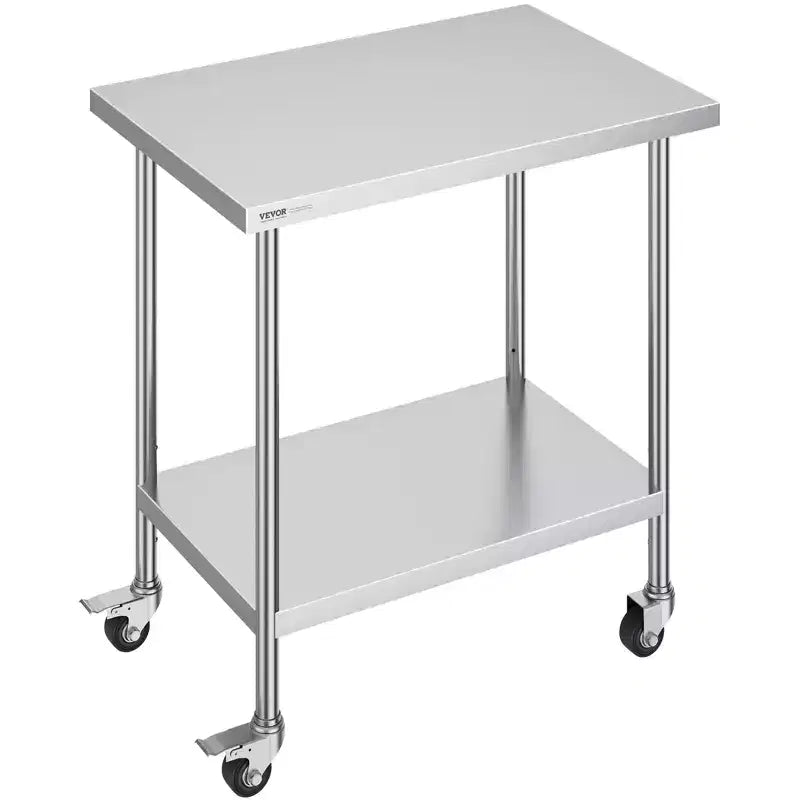 VEVOR Stainless Steel Work Table 24 x 36 x 38 Inch, with 4 Wheels, 3 Adjustable Height Levels, Heavy Duty Food Prep Worktable,Silver