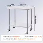 VEVOR Edelstahl-Arbeitstisch 61 x 91 x 97 cm, mit 4 Rollen, 3 verstellbaren Höhen, robuster Essenszubereitungs-Arbeitstisch, Silber