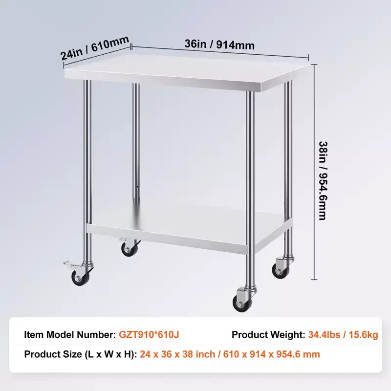 VEVOR Edelstahl-Arbeitstisch 61 x 91 x 97 cm, mit 4 Rollen, 3 verstellbaren Höhen, robuster Essenszubereitungs-Arbeitstisch, Silber