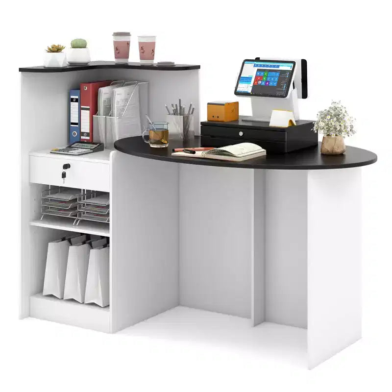 Costway Reception Desk with Lockable Drawer & Adjustable Shelf Oval Tabletop for Store White/Black