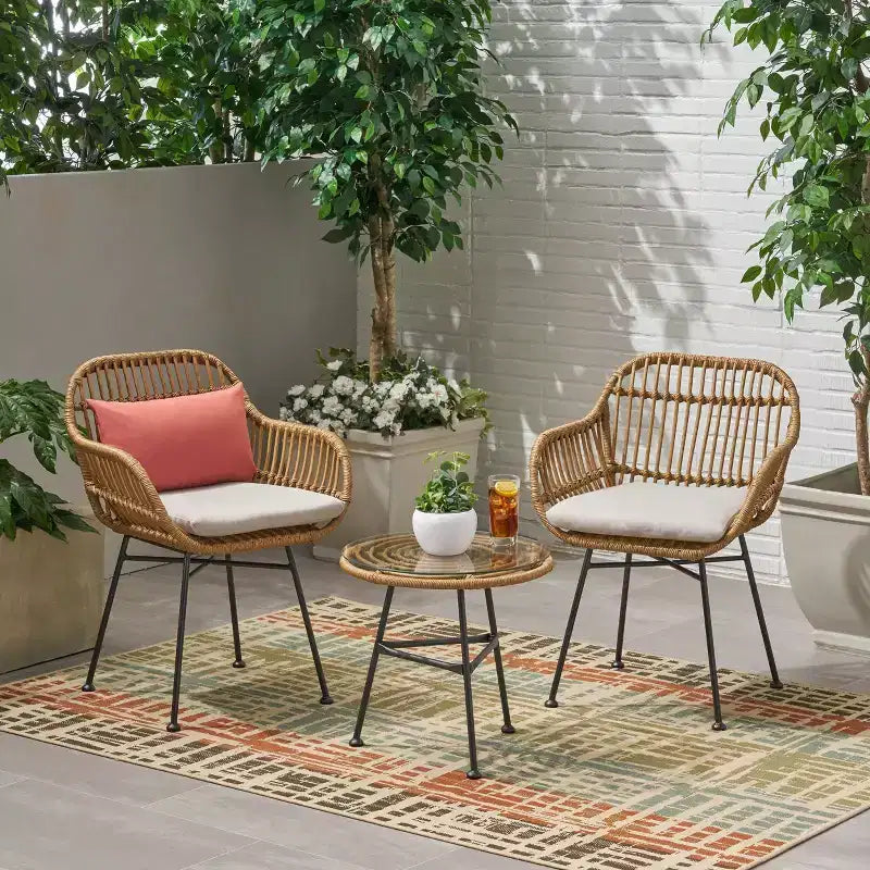 Christopher Knight Home Lehrman Outdoor Wicker and Tempered Glass 3 Piece Chat Set with Cushion