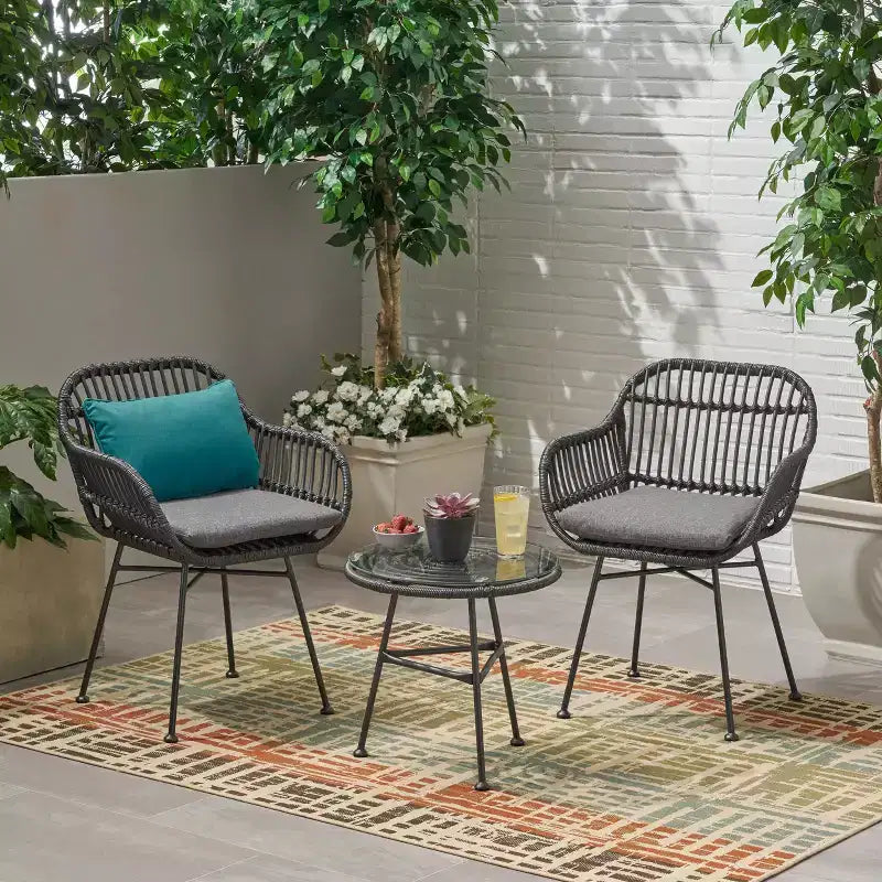 Christopher Knight Home Lehrman Outdoor Rattan- und ESG-Glas-Sitzgruppe, 3-teilig, mit Kissen