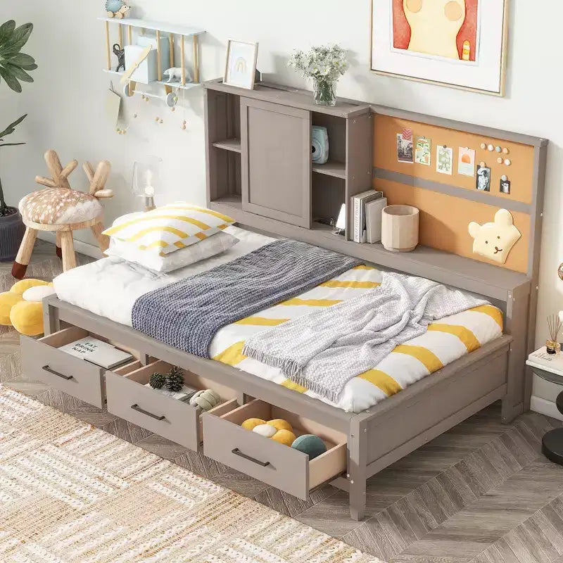 Whisen Twin Size Lounge Daybed with Storage Shelves, Cork Board, USB Ports and 3 Drawers