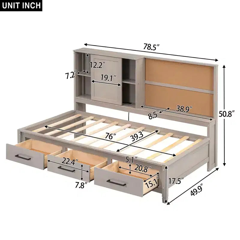 Whisen Twin Size Loungeliege mit Ablagefächern, Korkplatte, USB-Anschlüssen und 3 Schubladen