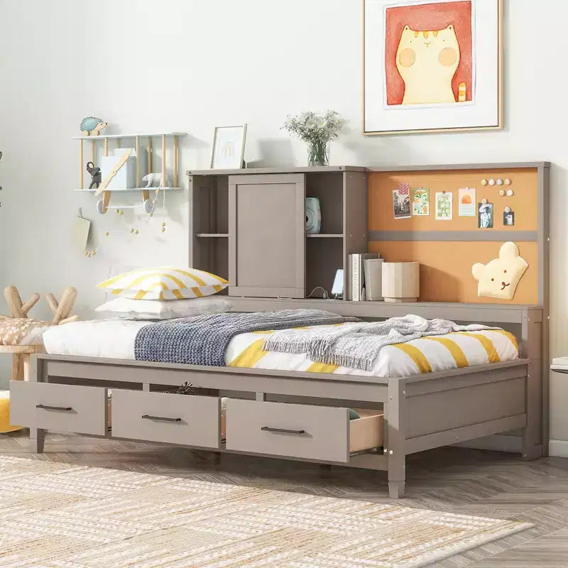 Whisen Twin Size Loungeliege mit Ablagefächern, Korkplatte, USB-Anschlüssen und 3 Schubladen