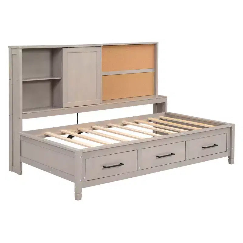 Whisen Twin Size Loungeliege mit Ablagefächern, Korkplatte, USB-Anschlüssen und 3 Schubladen