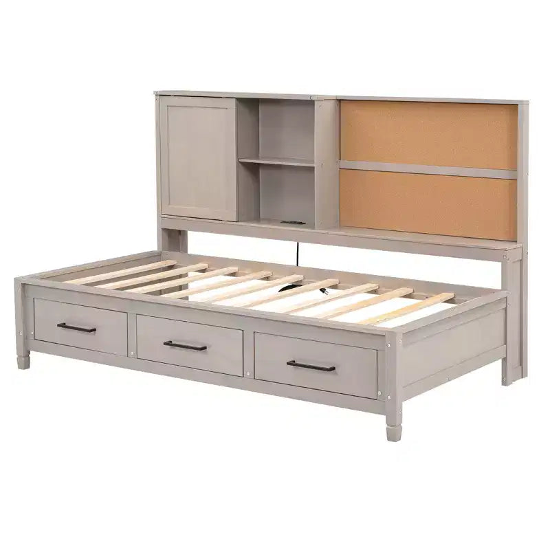 Whisen Twin Size Loungeliege mit Ablagefächern, Korkplatte, USB-Anschlüssen und 3 Schubladen