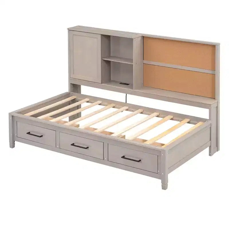 Whisen Twin Size Loungeliege mit Ablagefächern, Korkplatte, USB-Anschlüssen und 3 Schubladen