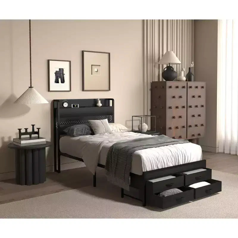 Twin Bed Frames with Headboard, Twin Size Bed Frames with Storage Drawers, Twin Bed, Metal Platform Bed Frame