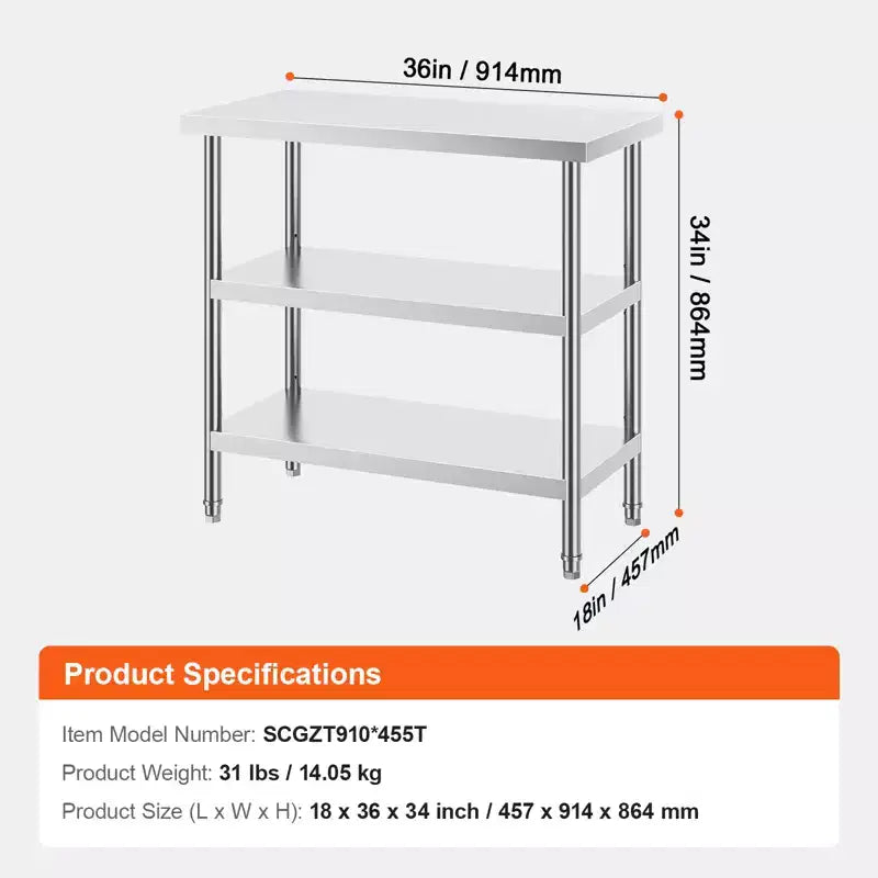 VEVOR Edelstahl-Vorbereitungstisch, 45,7 x 91,4 x 86,4 cm, gewerblicher Küchenarbeitstisch mit 2 verstellbaren Unterböden, Hochleistungs-Vorbereitungstisch