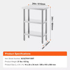 VEVOR Edelstahl-Arbeitstisch, 35,6 x 61 x 86,4 cm, gewerblicher Küchen-Arbeitstisch mit 2 verstellbaren Unterböden, Hochleistungs-Vorbereitungstisch
