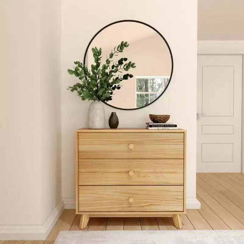 Plank+Beam Massivholz Klassische Kommode mit 3 Schubladen, kleine Schlafzimmerkommode, Schubladenkommode