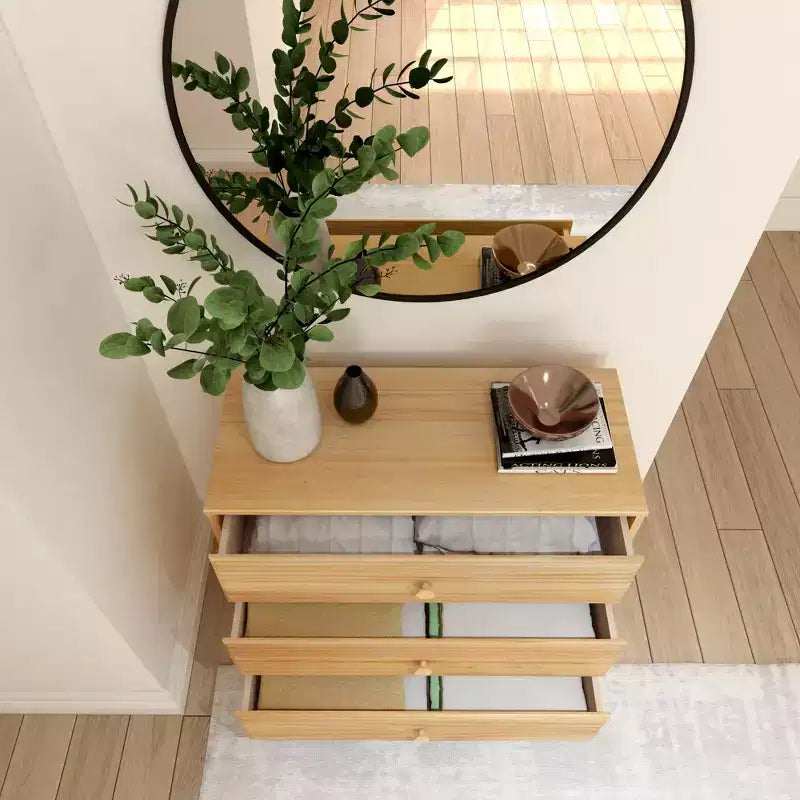 Plank+Beam Massivholz Klassische Kommode mit 3 Schubladen, kleine Schlafzimmerkommode, Schubladenkommode
