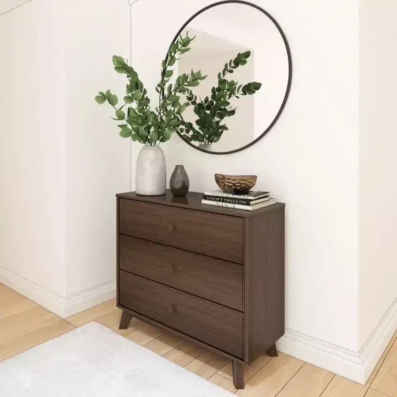 Plank+Beam Massivholz Klassische Kommode mit 3 Schubladen, kleine Schlafzimmerkommode, Schubladenkommode