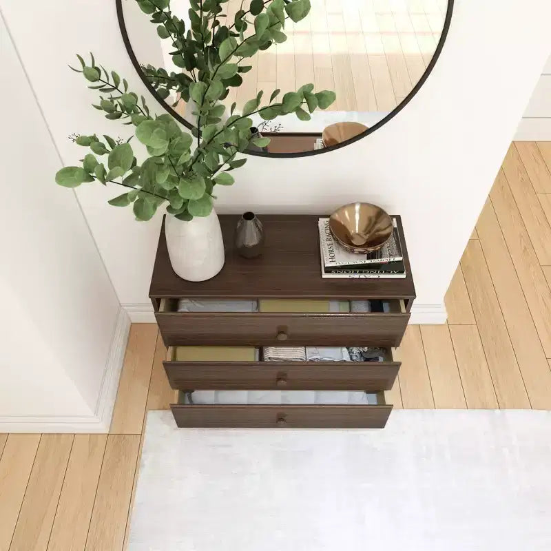 Plank+Beam Massivholz Klassische Kommode mit 3 Schubladen, kleine Schlafzimmerkommode, Schubladenkommode