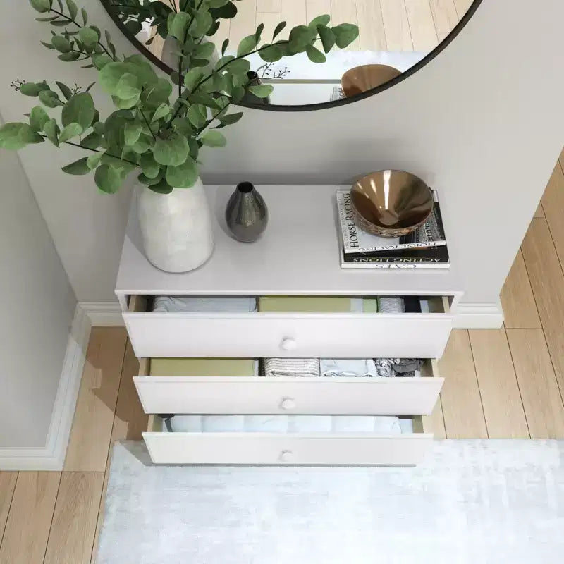 Plank+Beam Massivholz Klassische Kommode mit 3 Schubladen, kleine Schlafzimmerkommode, Schubladenkommode
