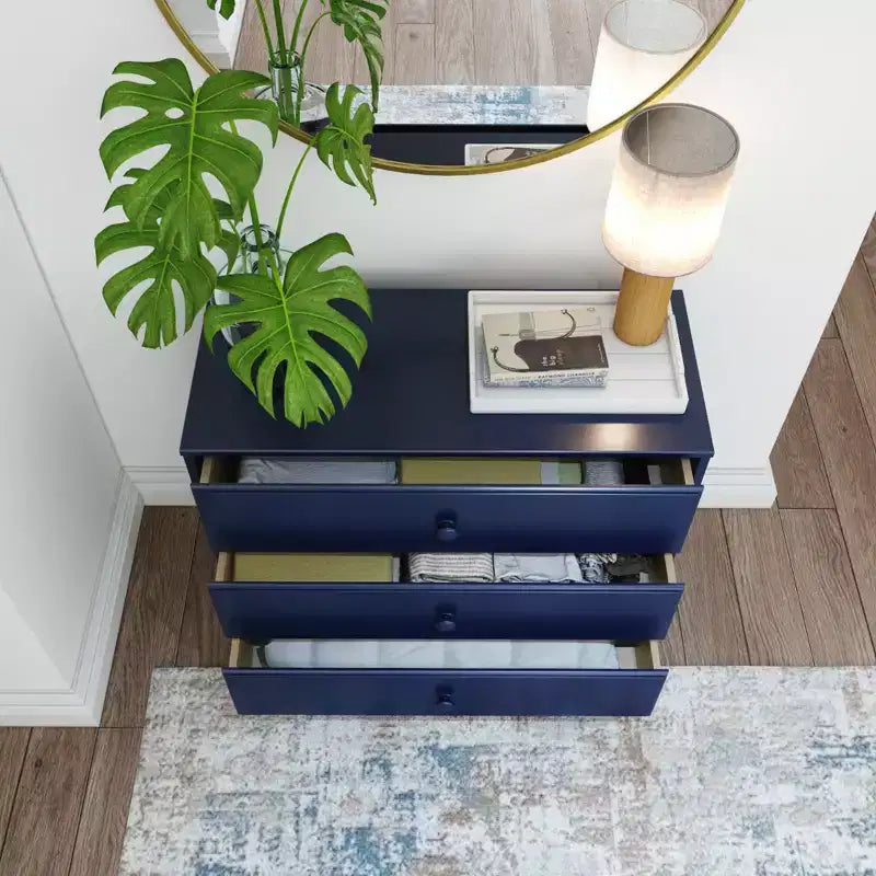 Plank+Beam Massivholz Klassische Kommode mit 3 Schubladen, kleine Schlafzimmerkommode, Schubladenkommode