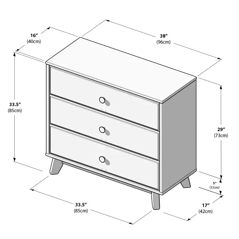 Plank+Beam Massivholz Klassische Kommode mit 3 Schubladen, kleine Schlafzimmerkommode, Schubladenkommode